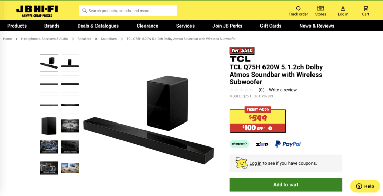 JB Hi-Fi: TCL Q75H 620W 5.1.2ch Dolby Atmos Soundbar with Wireless Subwoofer- Was $699, now $599